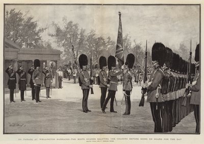 Auf Parade in den Wellington Barracks, die Scots Guards salutieren die Farben, bevor sie für den Tag Wache stehen von Charles Morel